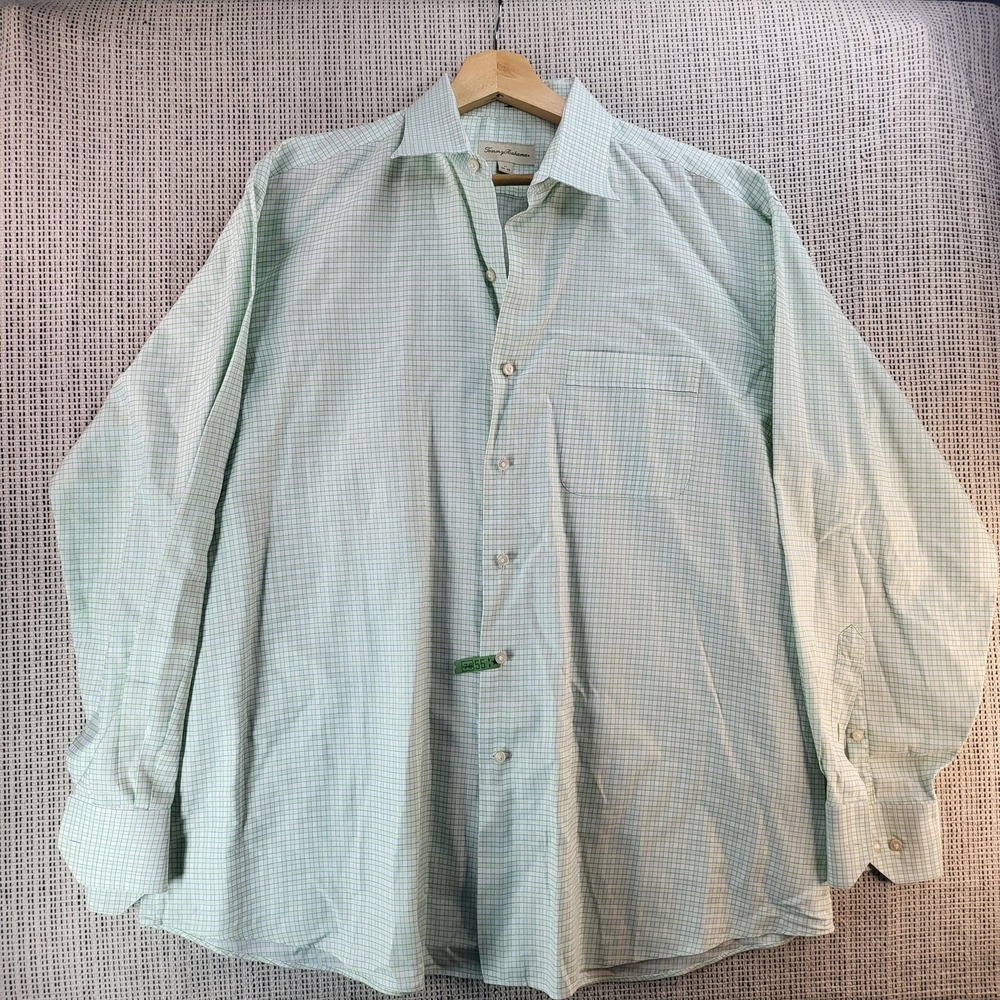 Tommy Bahama Shirt Mens 17 34-35 Green White Check Button Front Long Sleeve